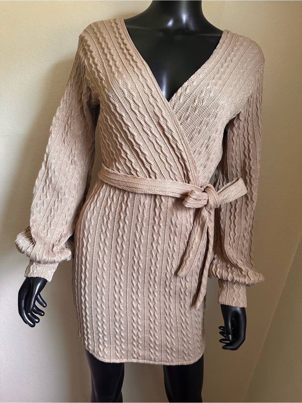 Windsor Cable-Knit Wrap Dress in Taupe